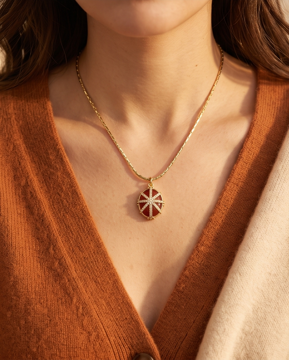 Rhodium Carnelian Starburst Necklace 50cm