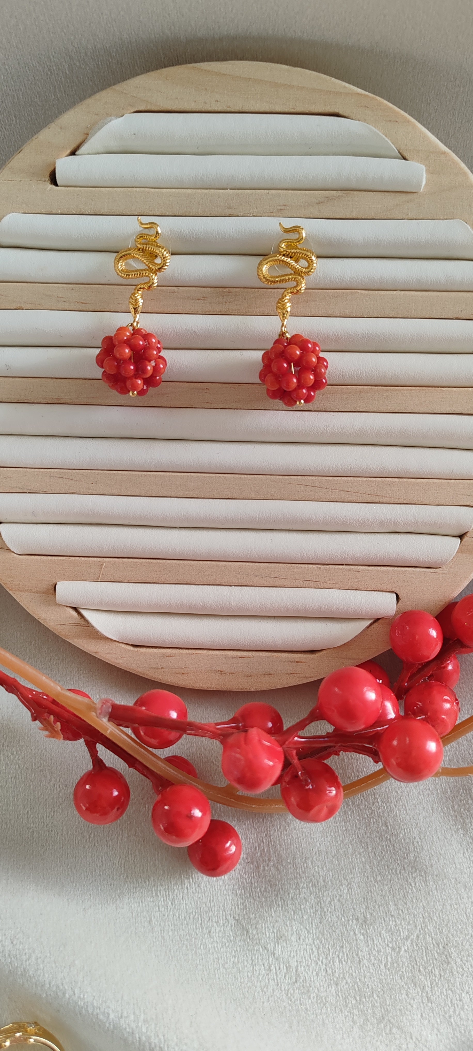 Red Coral & Gold Serpent Set  Necklace & Earrings