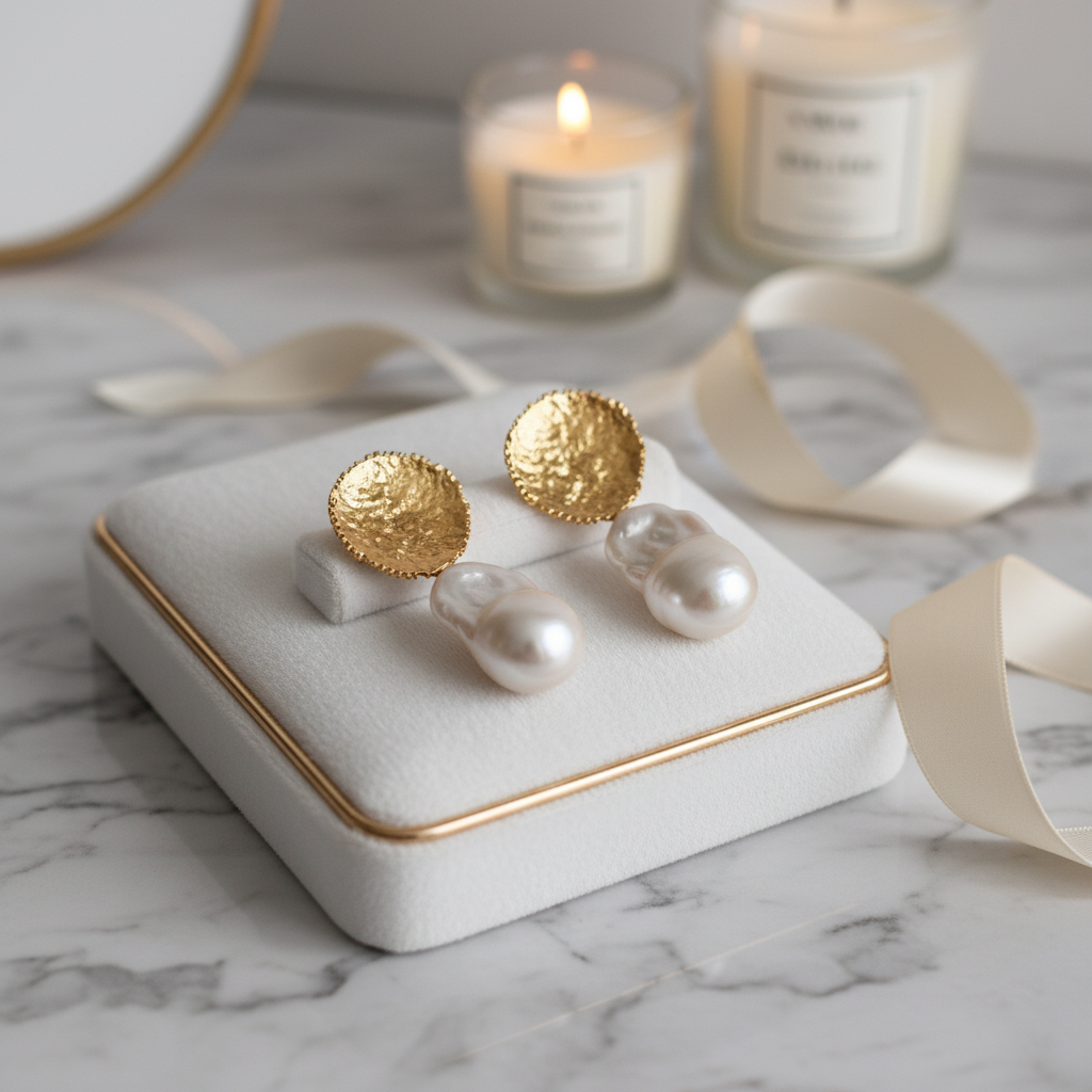 Baroque Pearl Earrings with Textured Medallion - Gold Plated