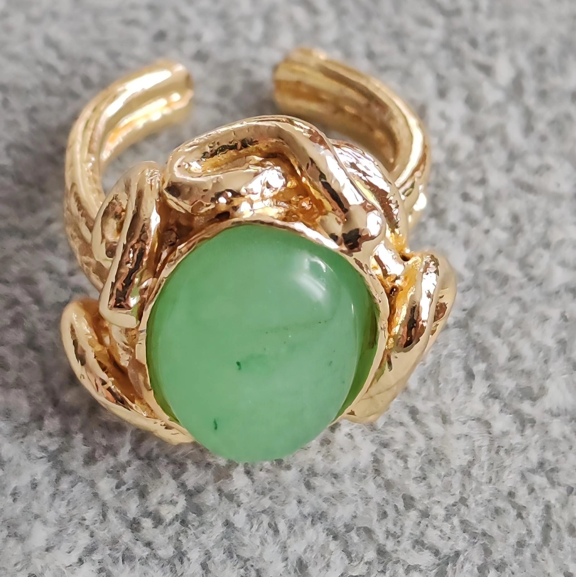 Handmade Gold Plated Jade Ring – Adjustable Boho Statement Jewelry, Gift for Her