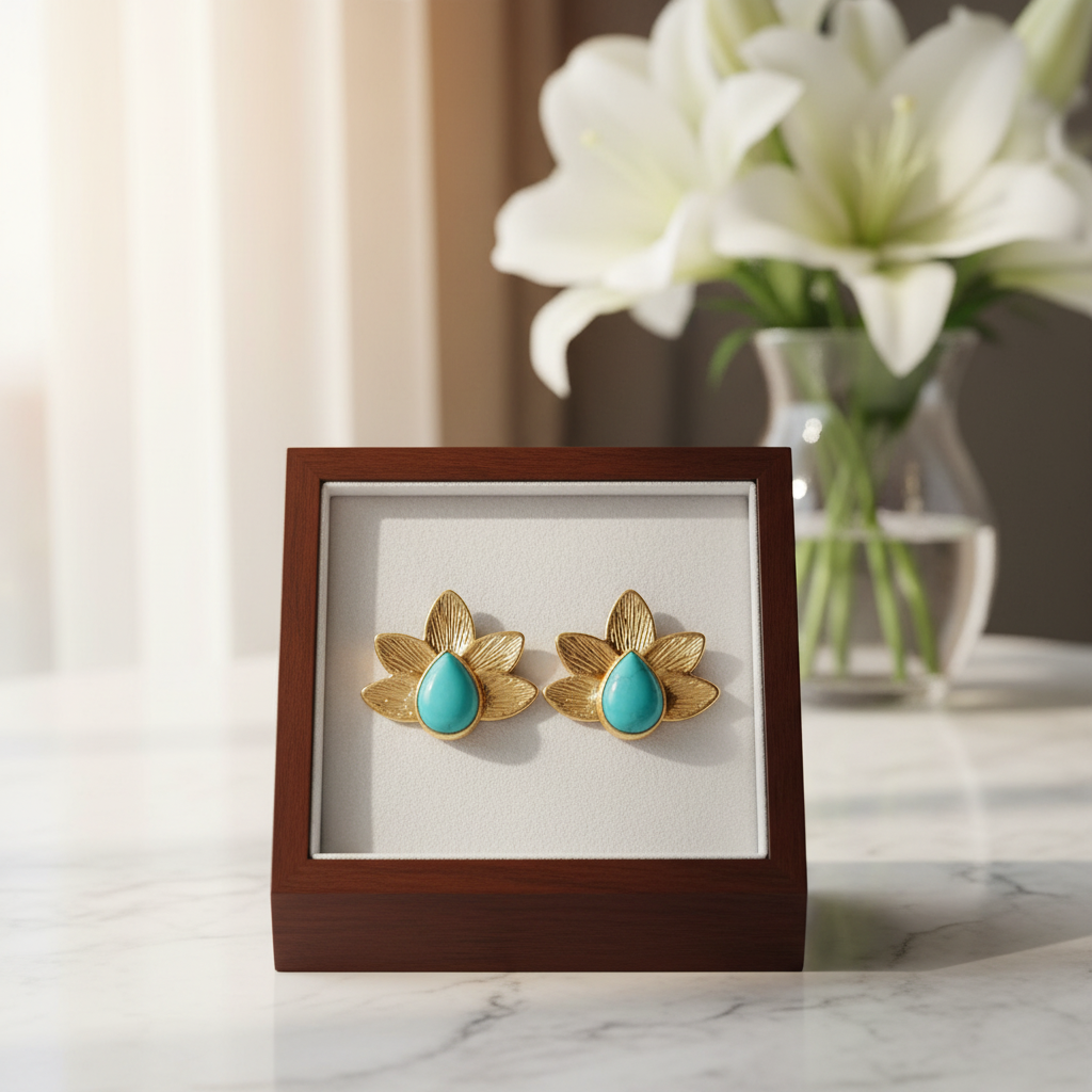 Gold Turquoise Earrings – 14K Gold Plated Flower Design