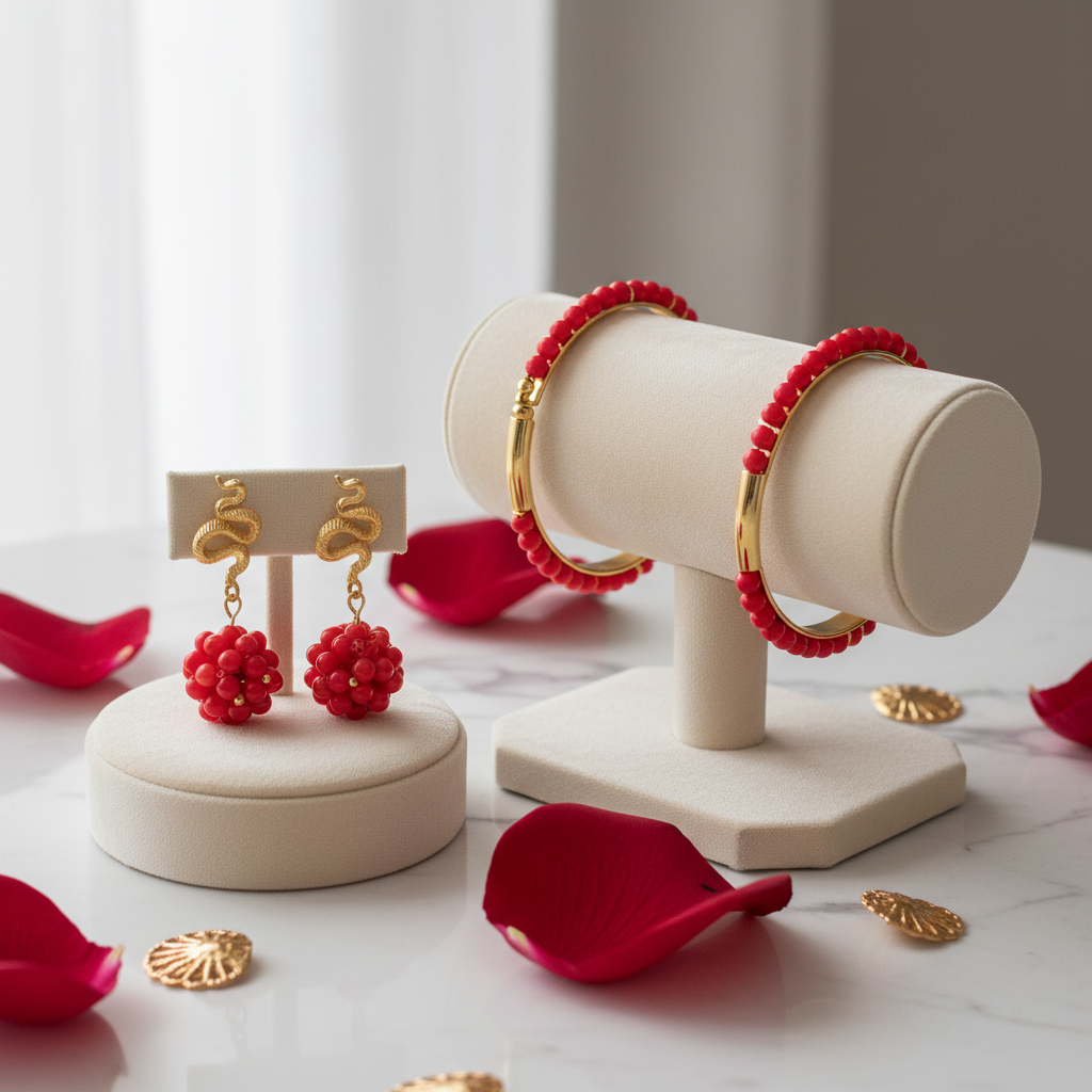 Red Coral & Gold Serpent Set  Necklace & Earrings
