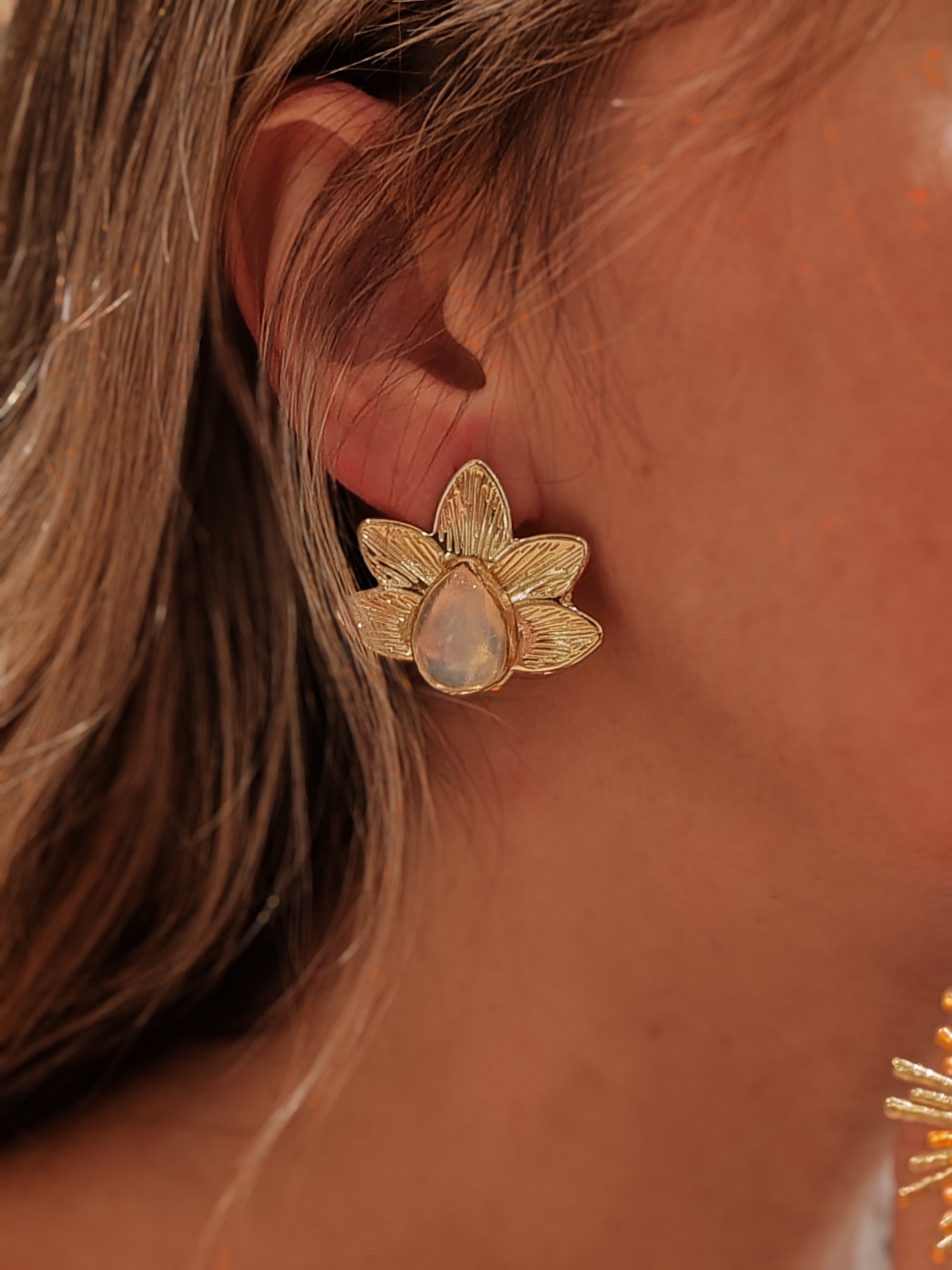 Handmade 14k Gold Opal Flower Stud Earrings – Boho Jewelry, Statement Gift for Her