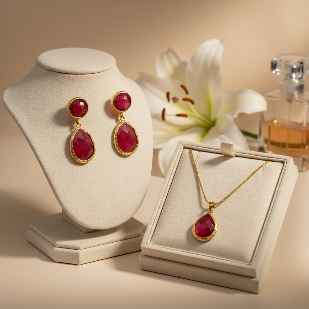 Raw Raspberry Ruby & Gold Teardrop Set - Earrings & Ring