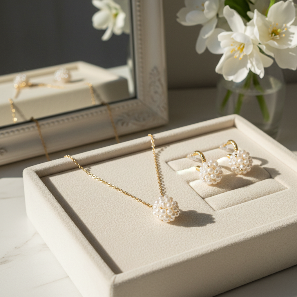 Gold-Plated Jewelry Set with Natural Pearl Cluster