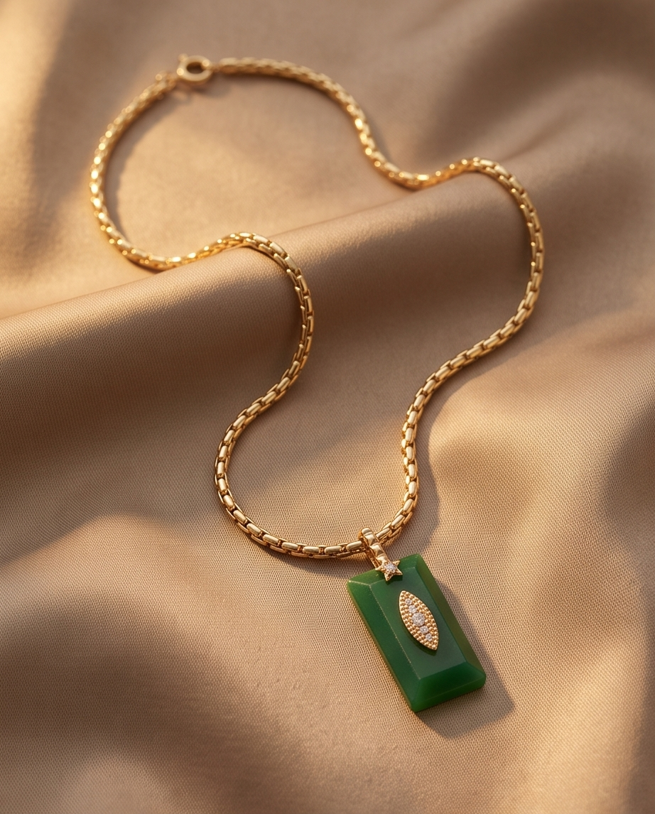 Rhodium Green Onyx Rectangle Pendant Necklace 60cm