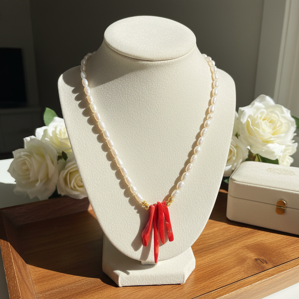 Pearl Necklace with Natural Coral
