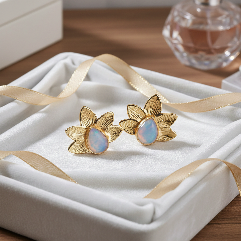 Handmade 14k Gold Opal Flower Stud Earrings – Boho Jewelry, Statement Gift for Her