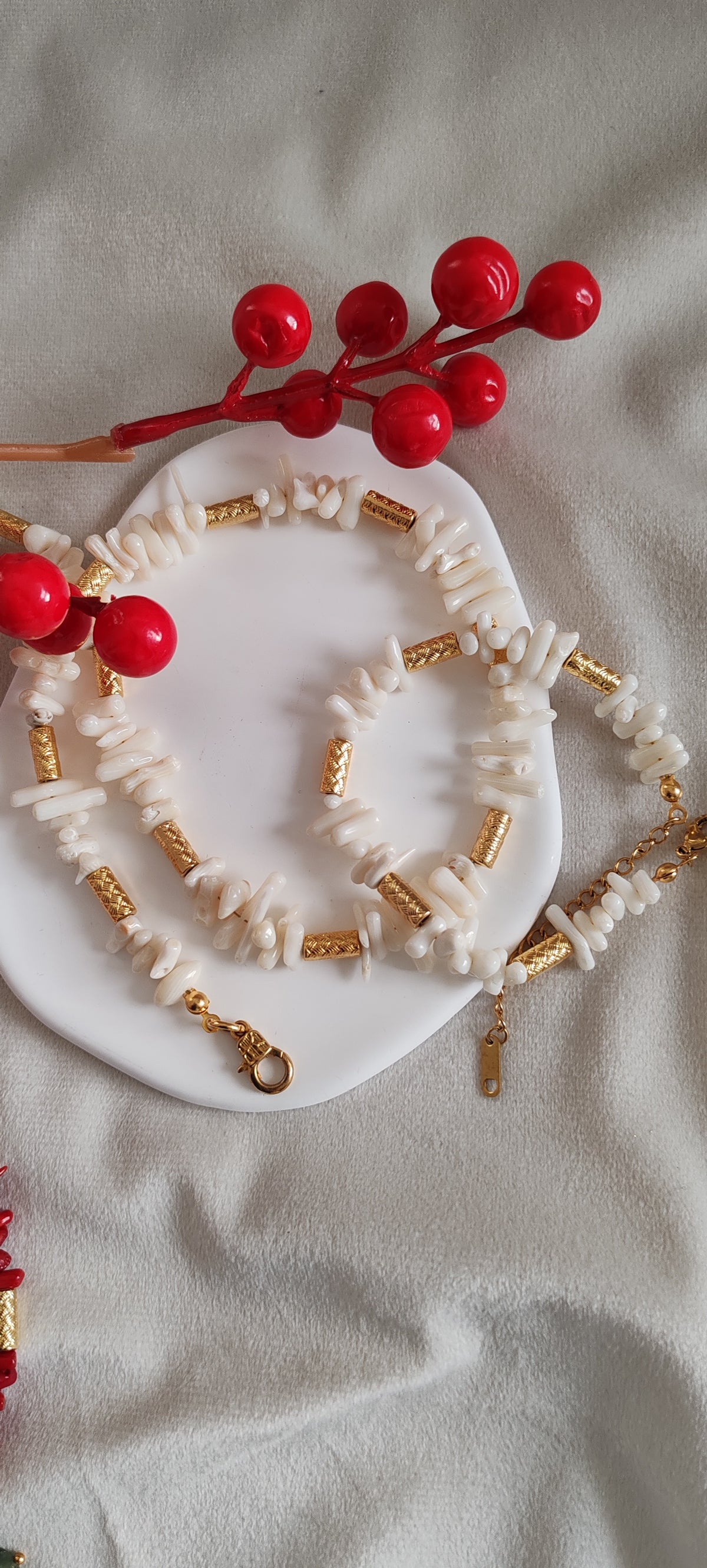 White Coral Choker & Bracelet Set  18k Gold Plated