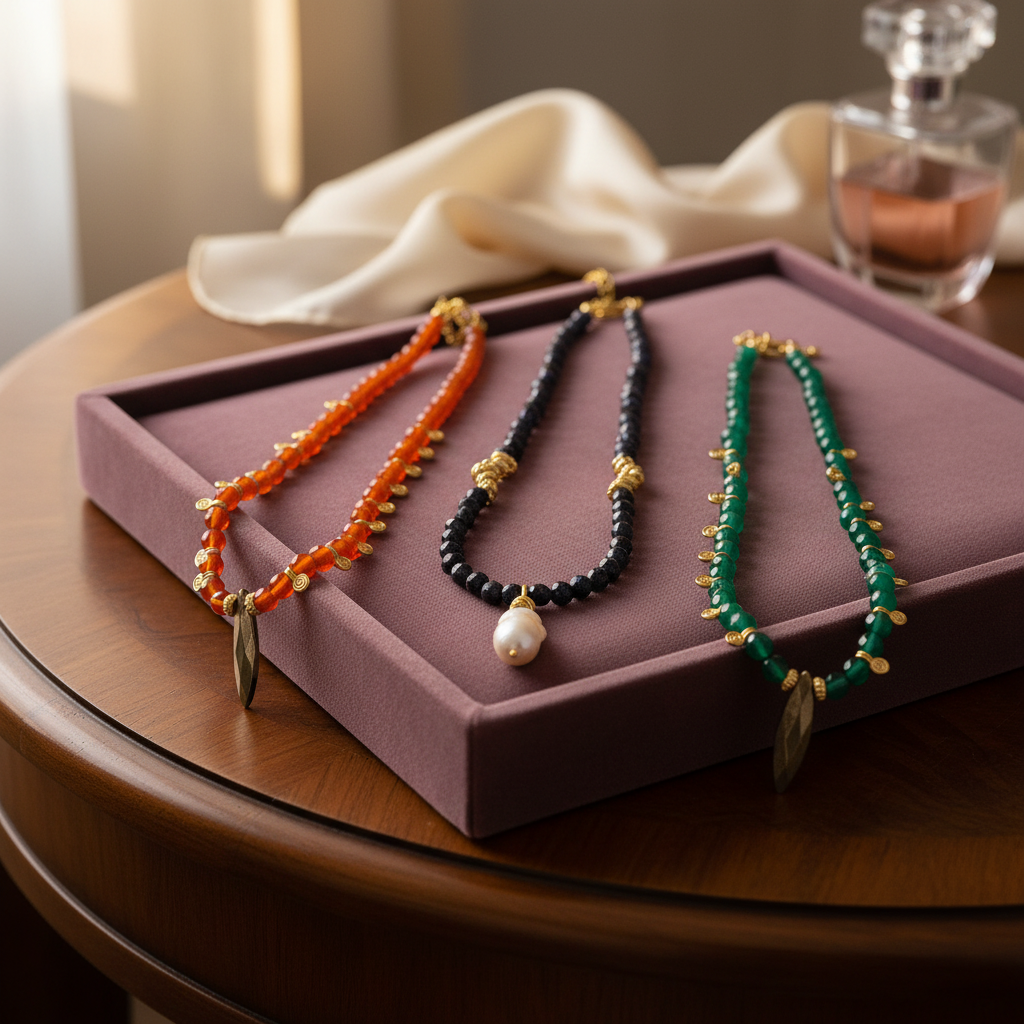 Green Agate Necklace with Hematite Pendant - Gold Plated