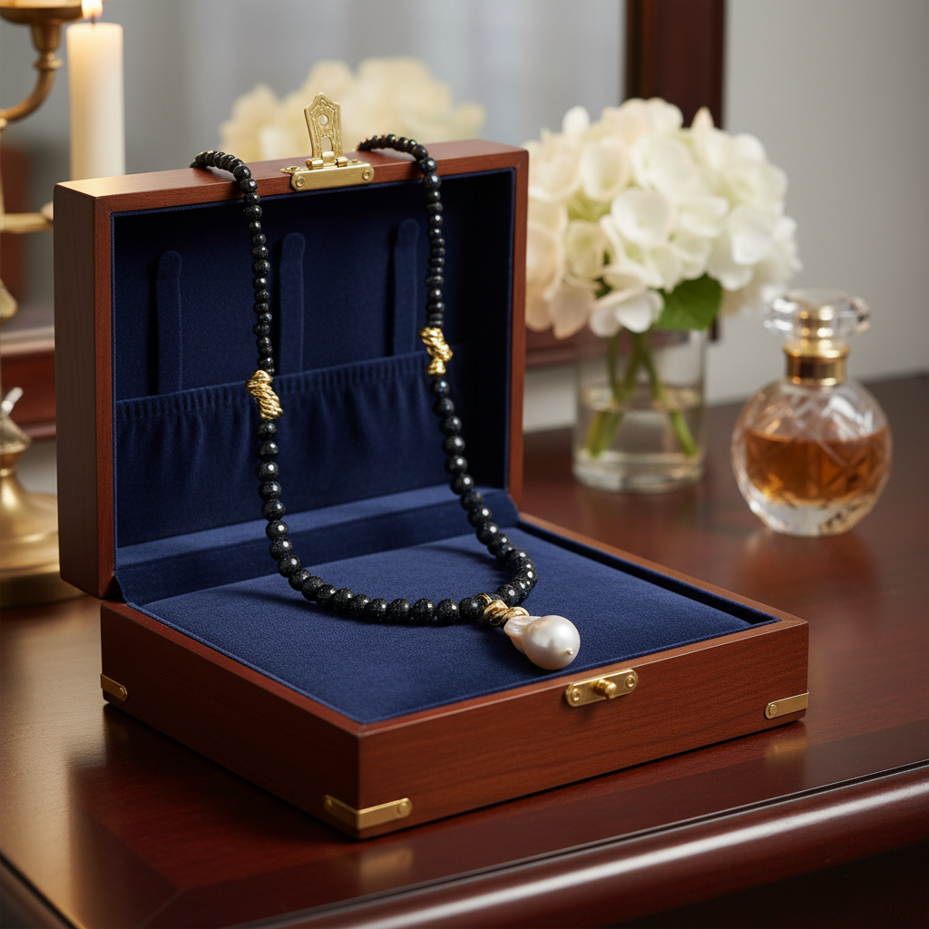 Black Star Stone Necklace with Baroque Pearl - Gold Plated