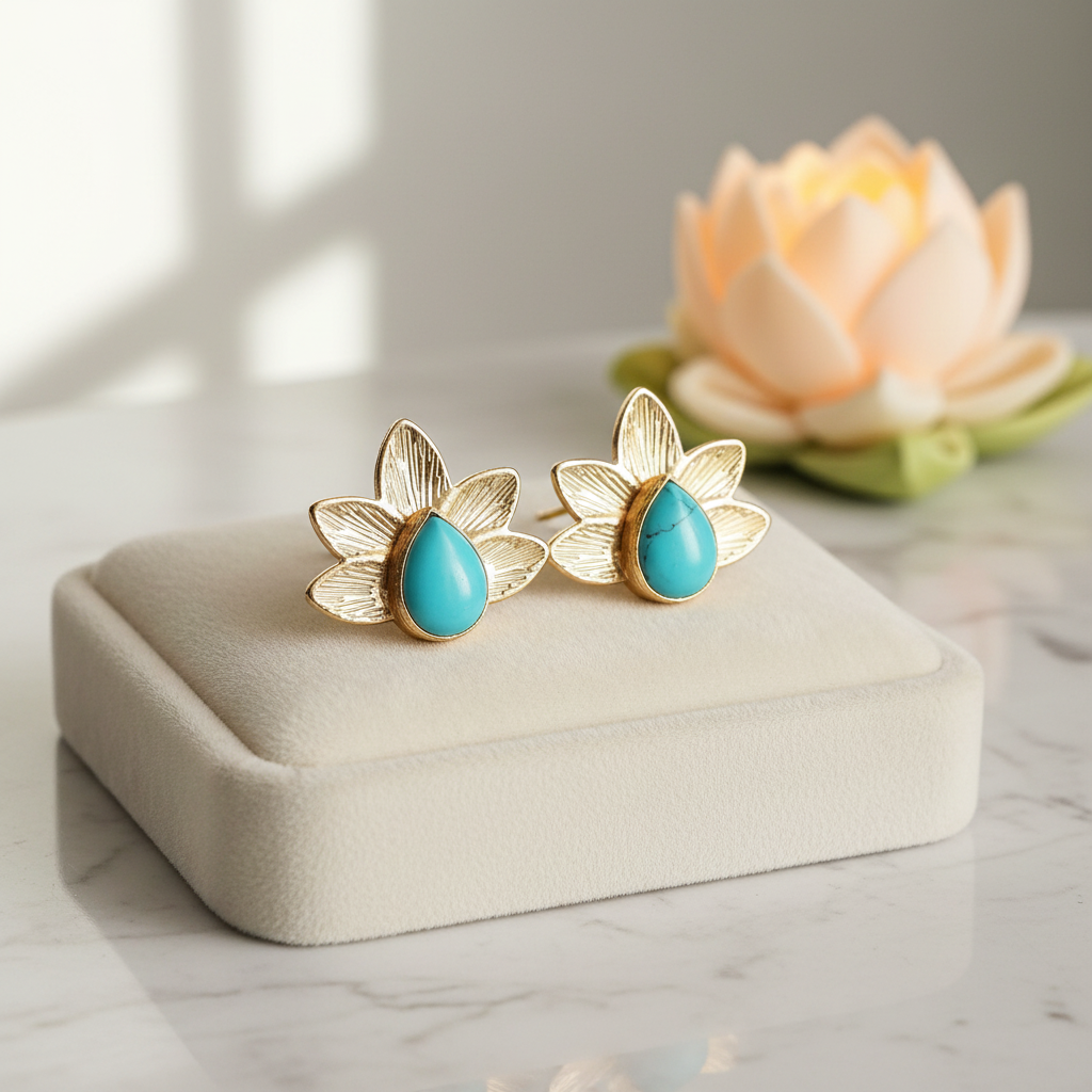 Gold Turquoise Earrings – 14K Gold Plated Flower Design