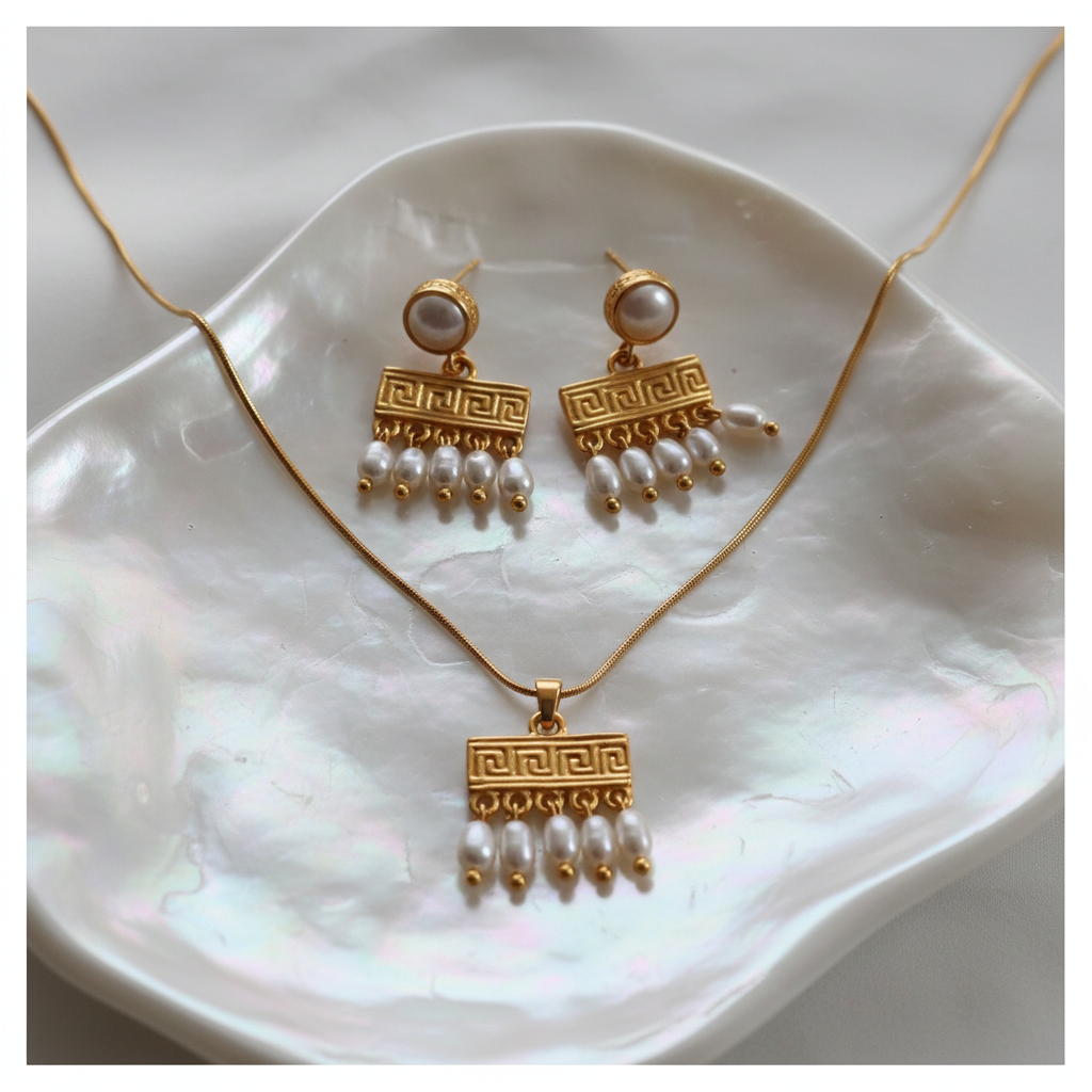 Gold-Plated Greek Style Set with Natural Pearls