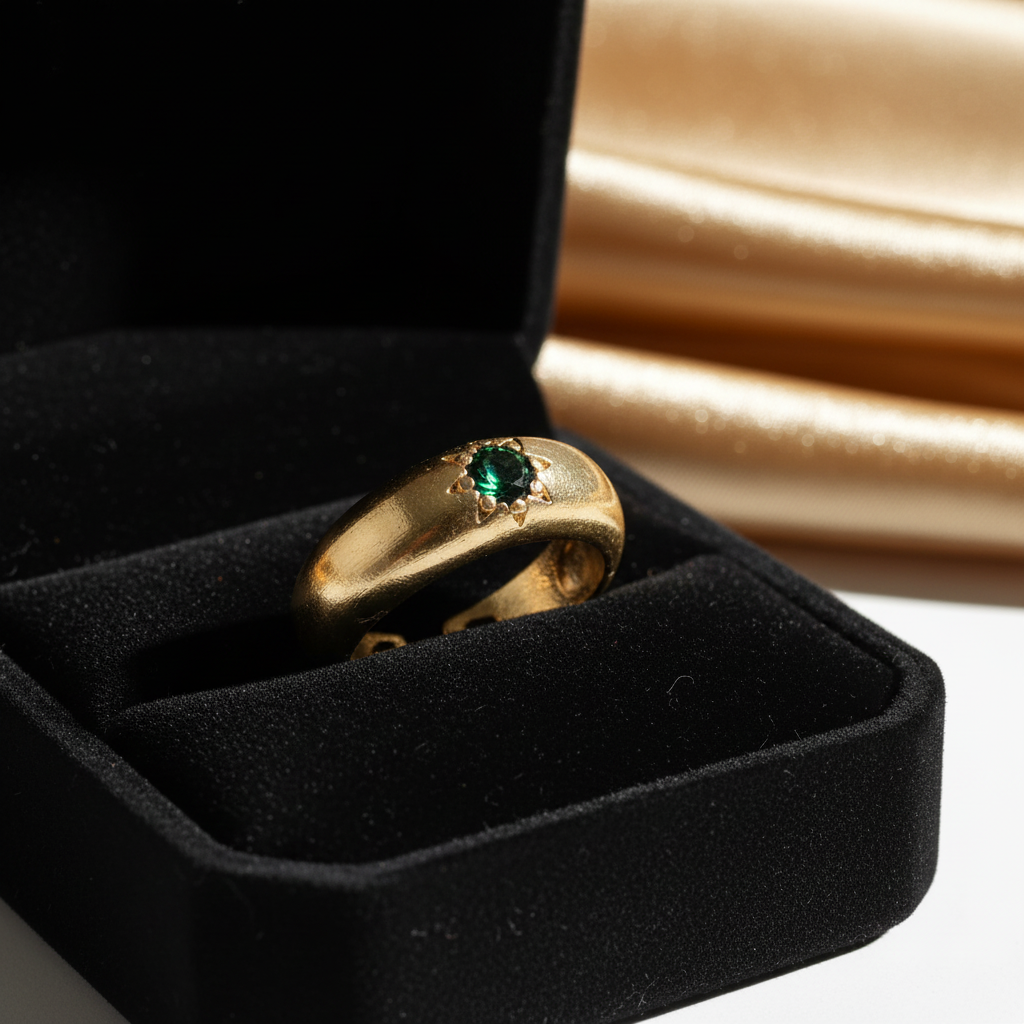 Wide Gold Band Ring with Green Zirconia