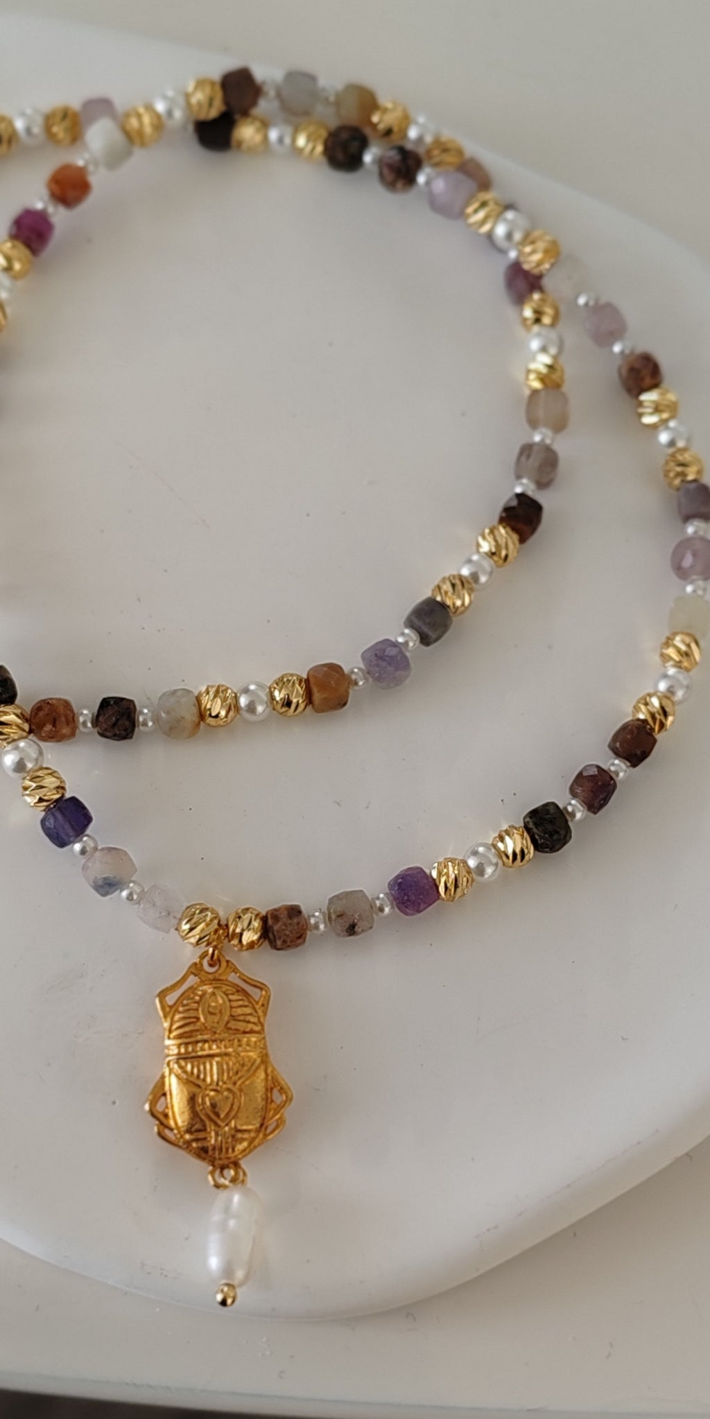 Pearl & Amethyst Scarab Necklace  18k Gold Plated