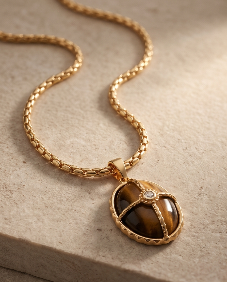 Rhodium Tiger's Eye Oval Pendant Necklace 60cm