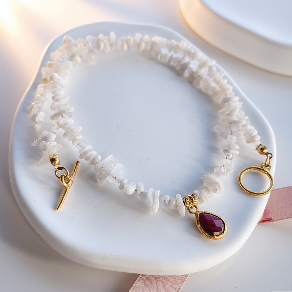 Moonstone & Raspberry Ruby Choker Necklace 18K Gold Plated