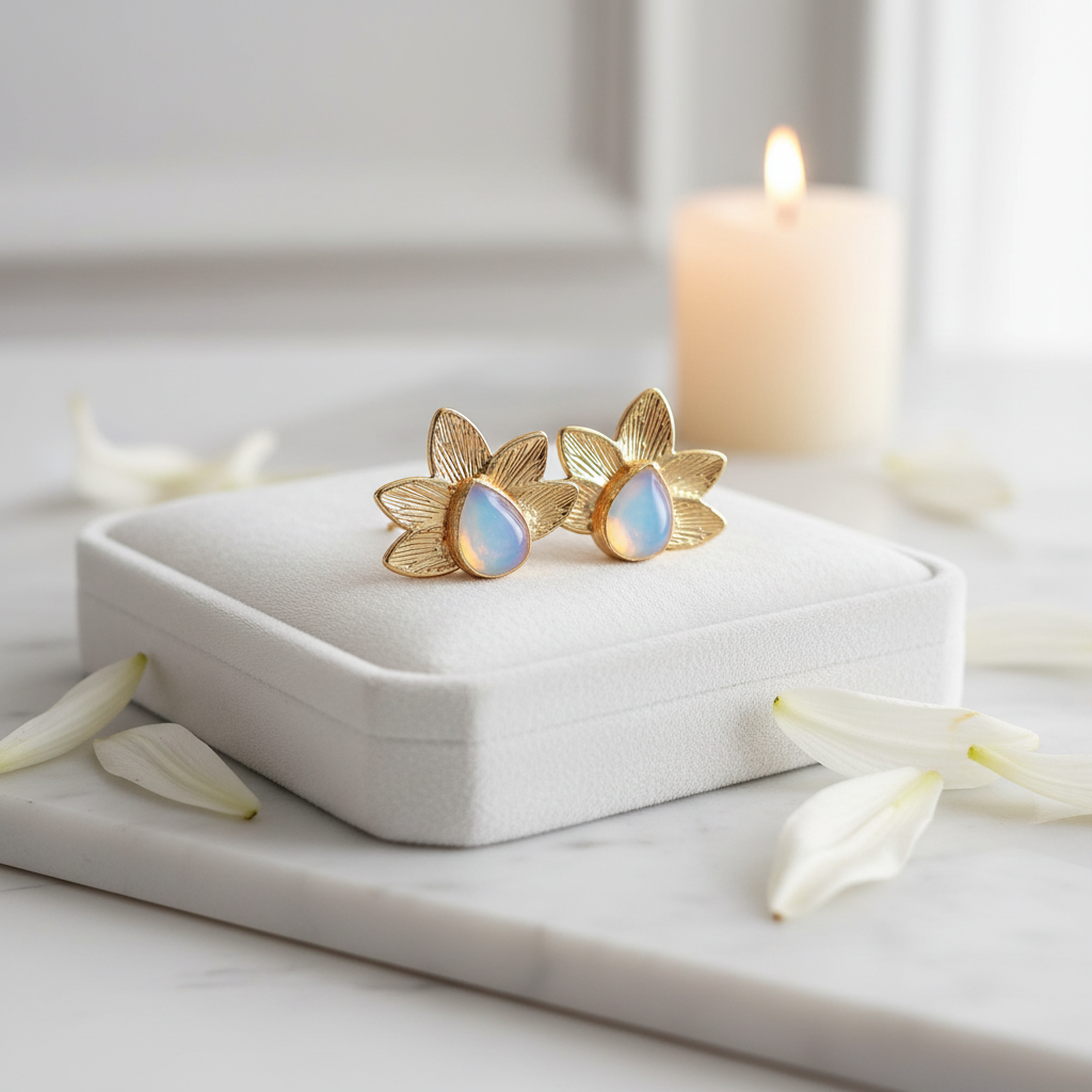 Handmade 14k Gold Opal Flower Stud Earrings – Boho Jewelry, Statement Gift for Her