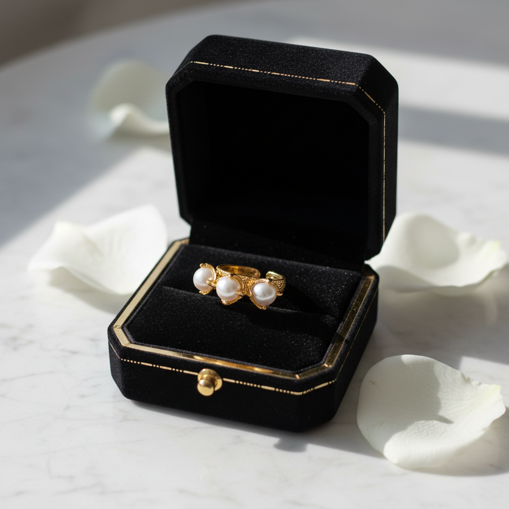 18K Gold-Plated Adjustable Pearl Ring – Natural Pearls Open Design
