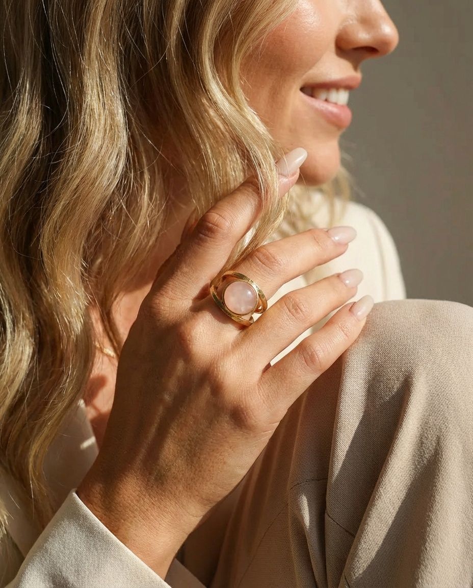 Rose Quartz Ring: 14k Gold Plated Adjustable Band
