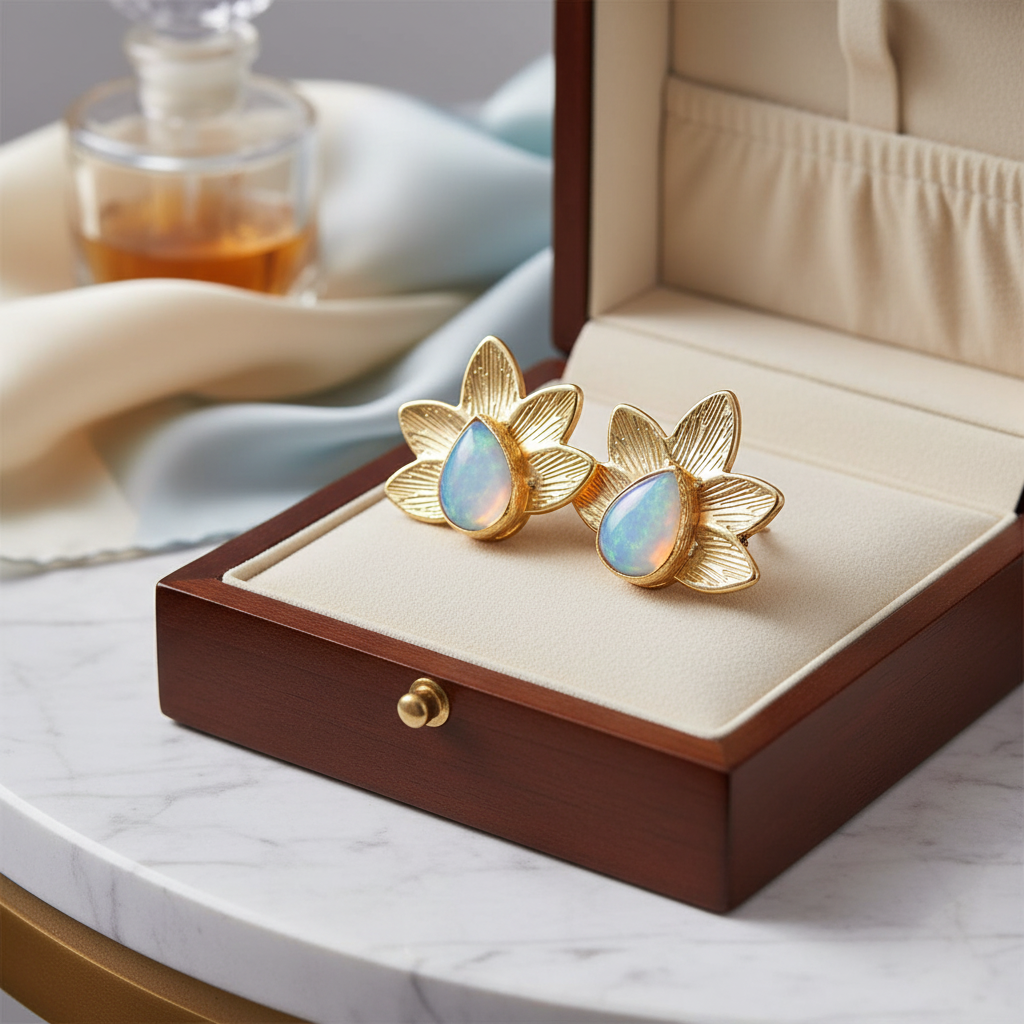 Handmade 14k Gold Opal Flower Stud Earrings – Boho Jewelry, Statement Gift for Her