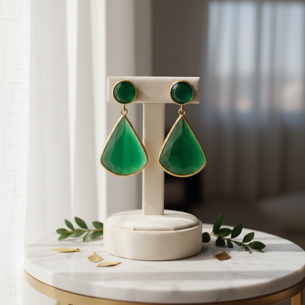 Green Cat's Eye Teardrop Earrings 18k Gold Plated