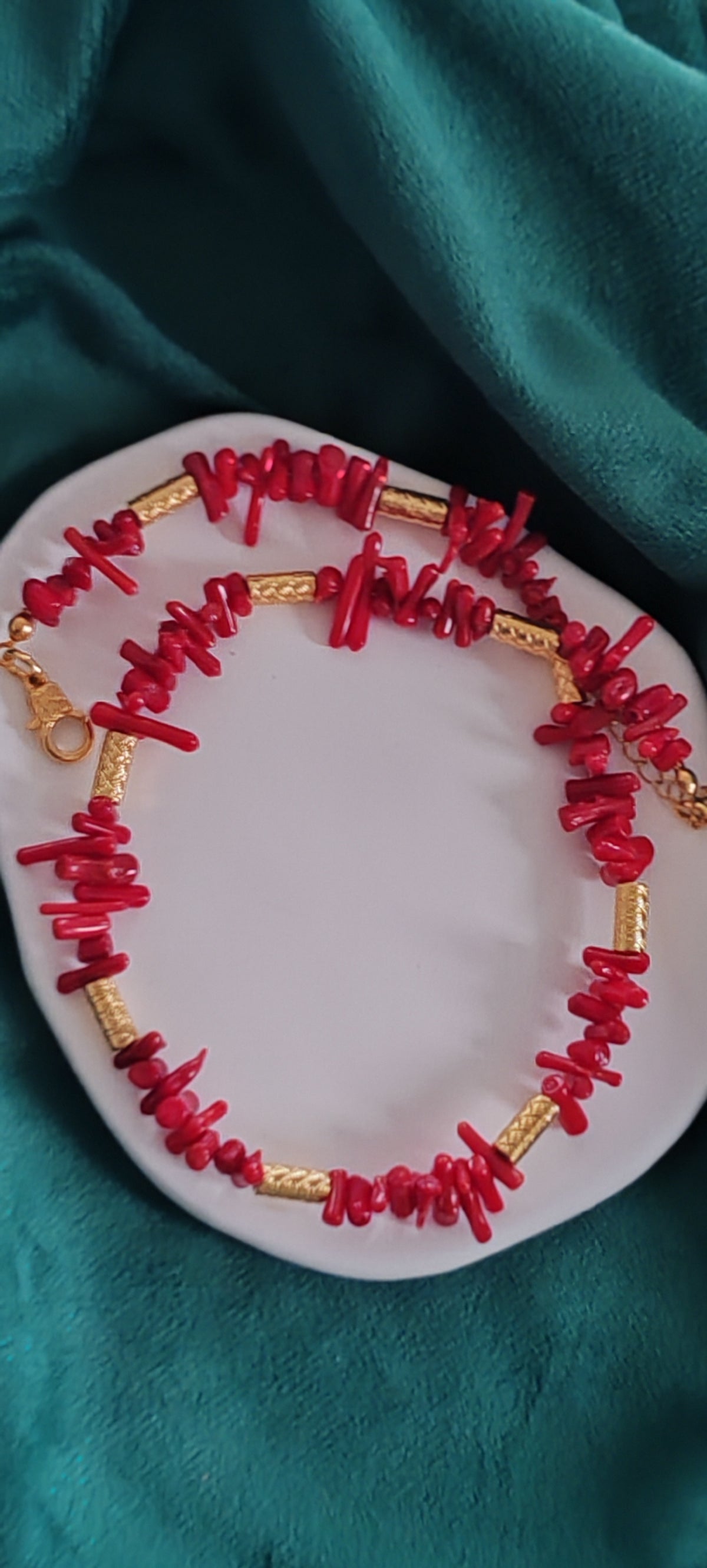 Red Coral Choker & Bracelet Set  18k Gold Plated