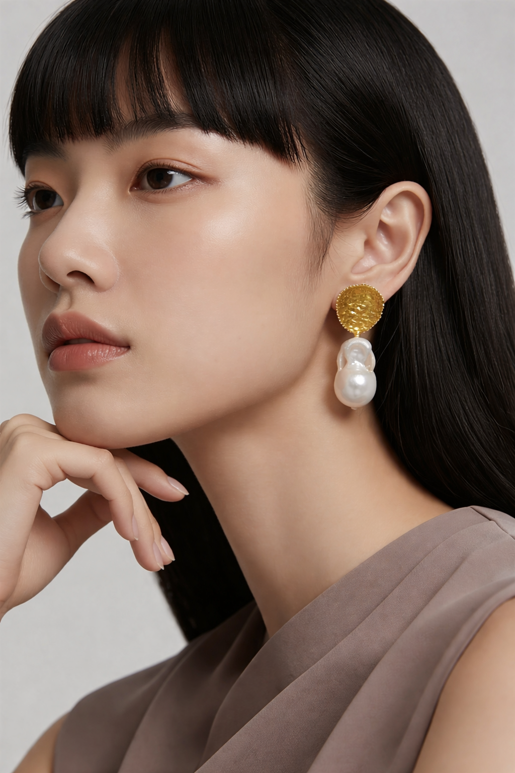 Baroque Pearl Earrings with Textured Medallion - Gold Plated
