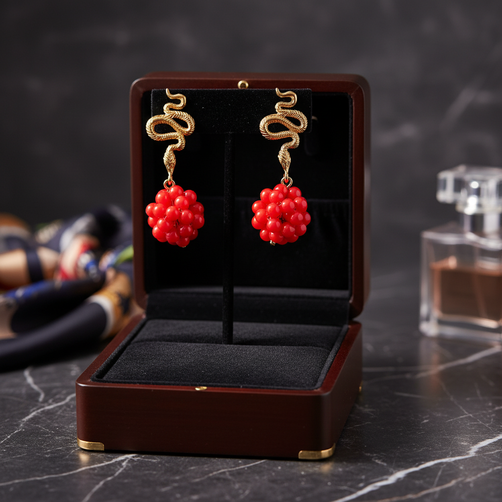 Red Coral & Gold Serpent Set  Necklace & Earrings