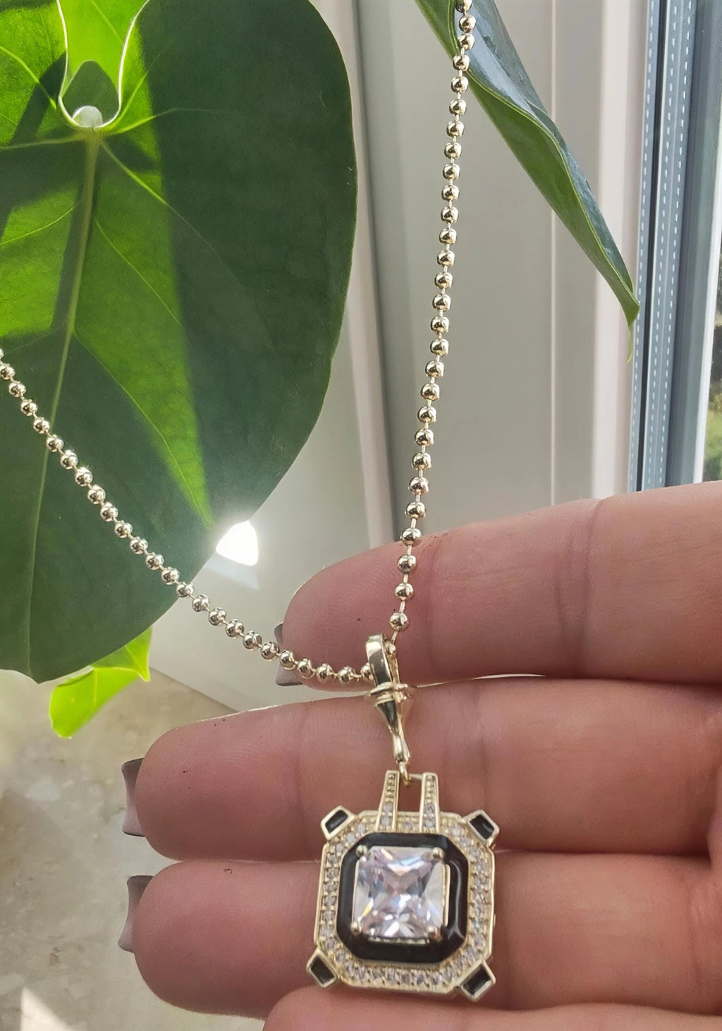 14K Gold-Plated Premium Pendant Necklace – Square Crystal Design