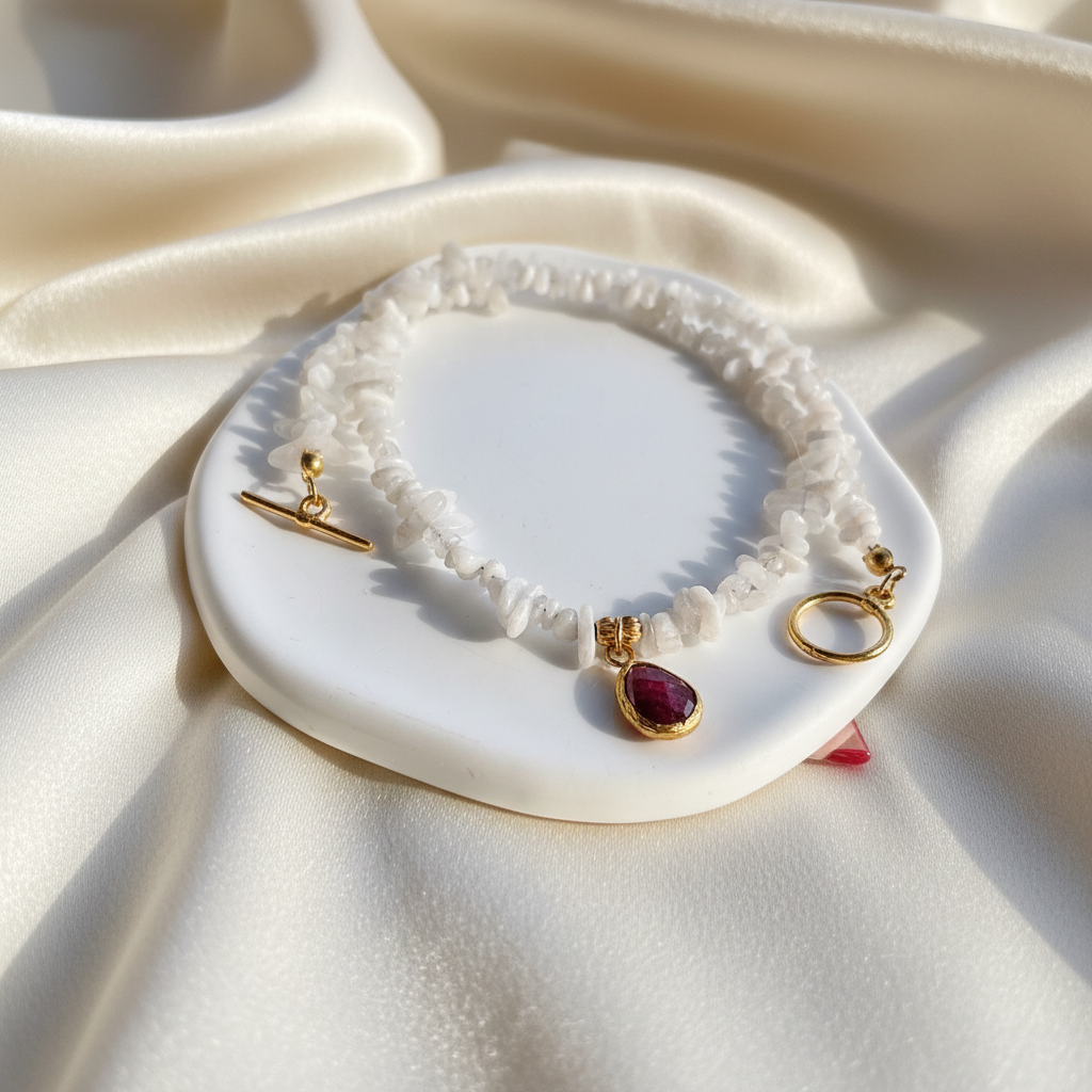 Moonstone & Raspberry Ruby Choker Necklace 18K Gold Plated
