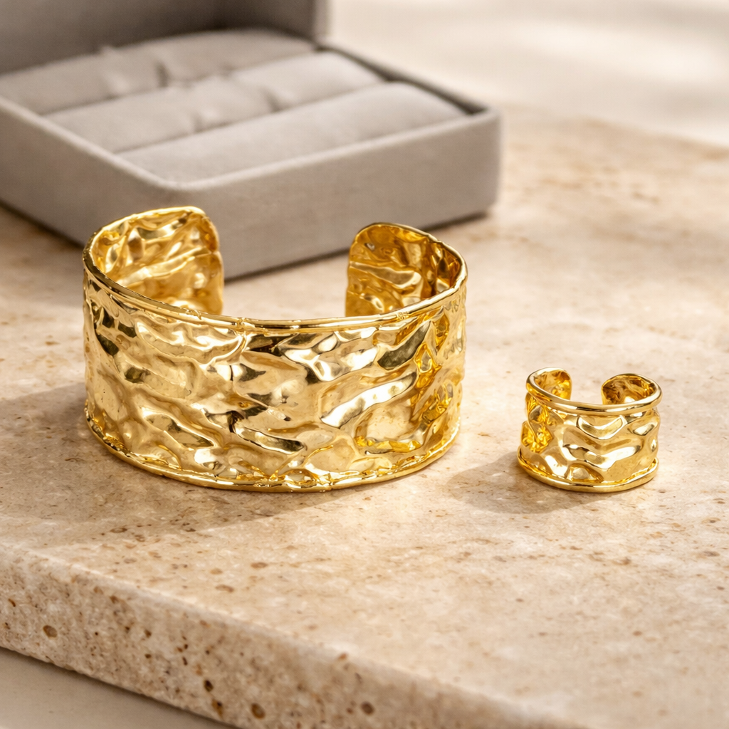 14K Gold Hammered Jewelry Set | Textured Cuff & Statement Ring