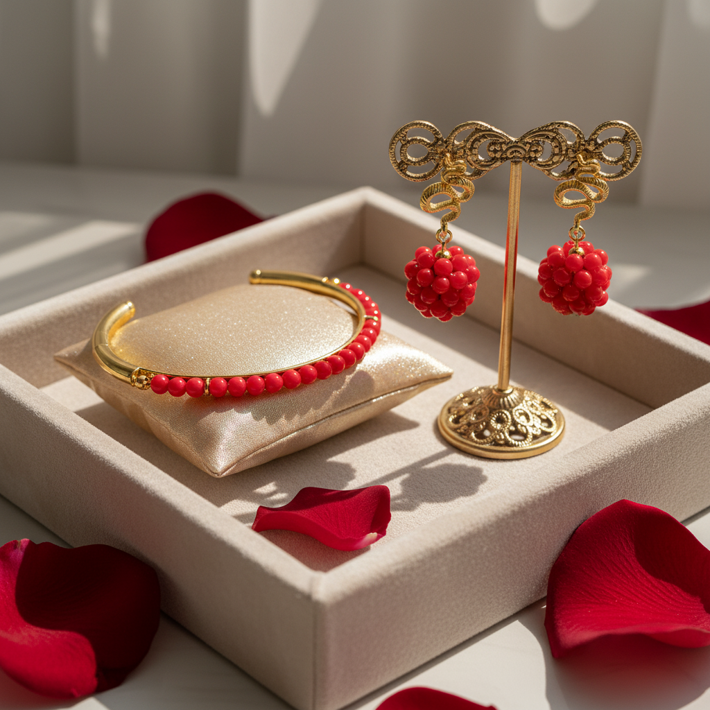 Red Coral & Gold Serpent Set  Necklace & Earrings