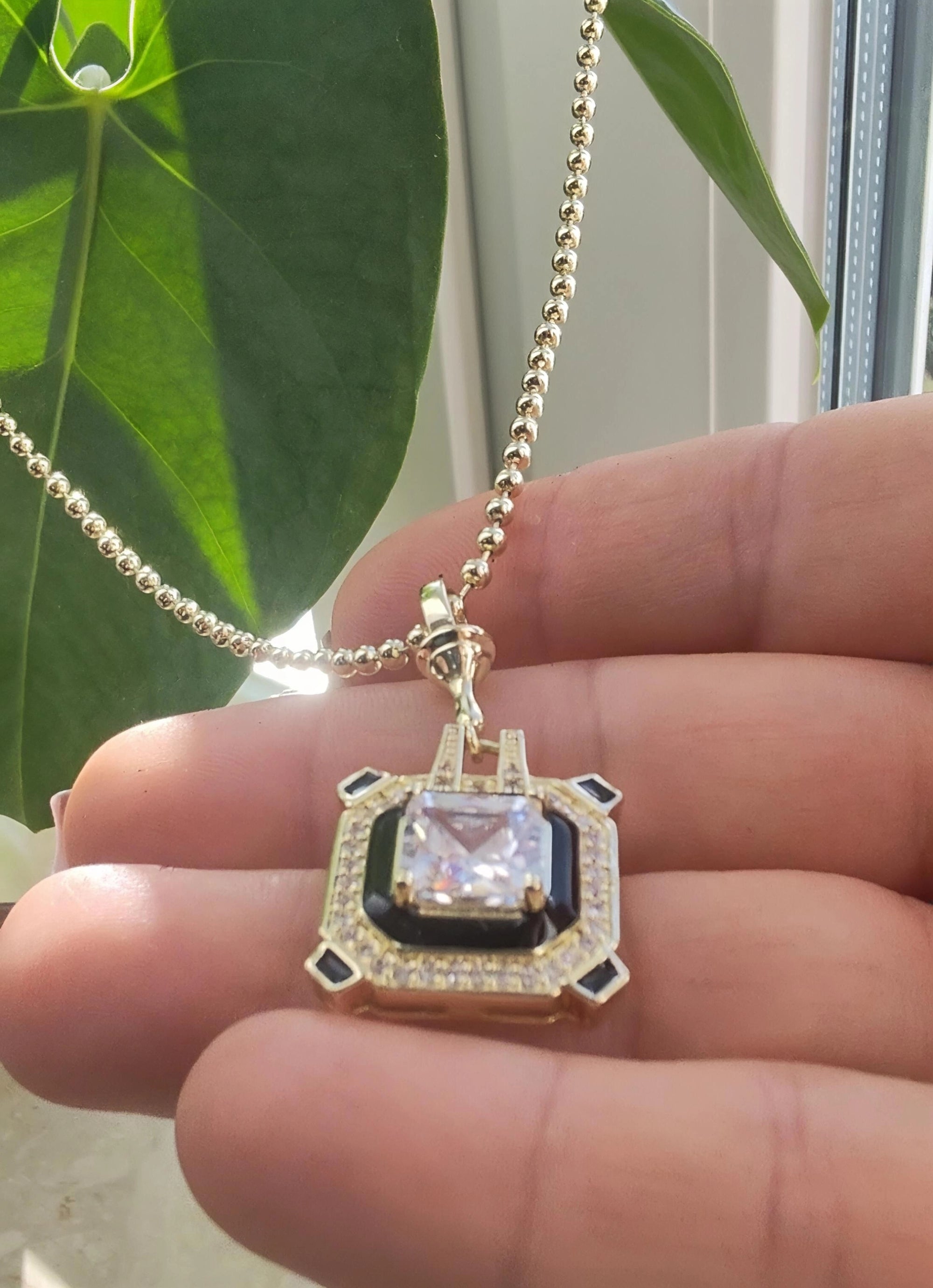14K Gold-Plated Premium Pendant Necklace – Square Crystal Design