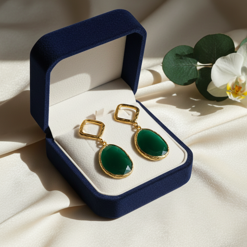 Green Cat's Eye Square Frame Earrings  18k Gold Plated