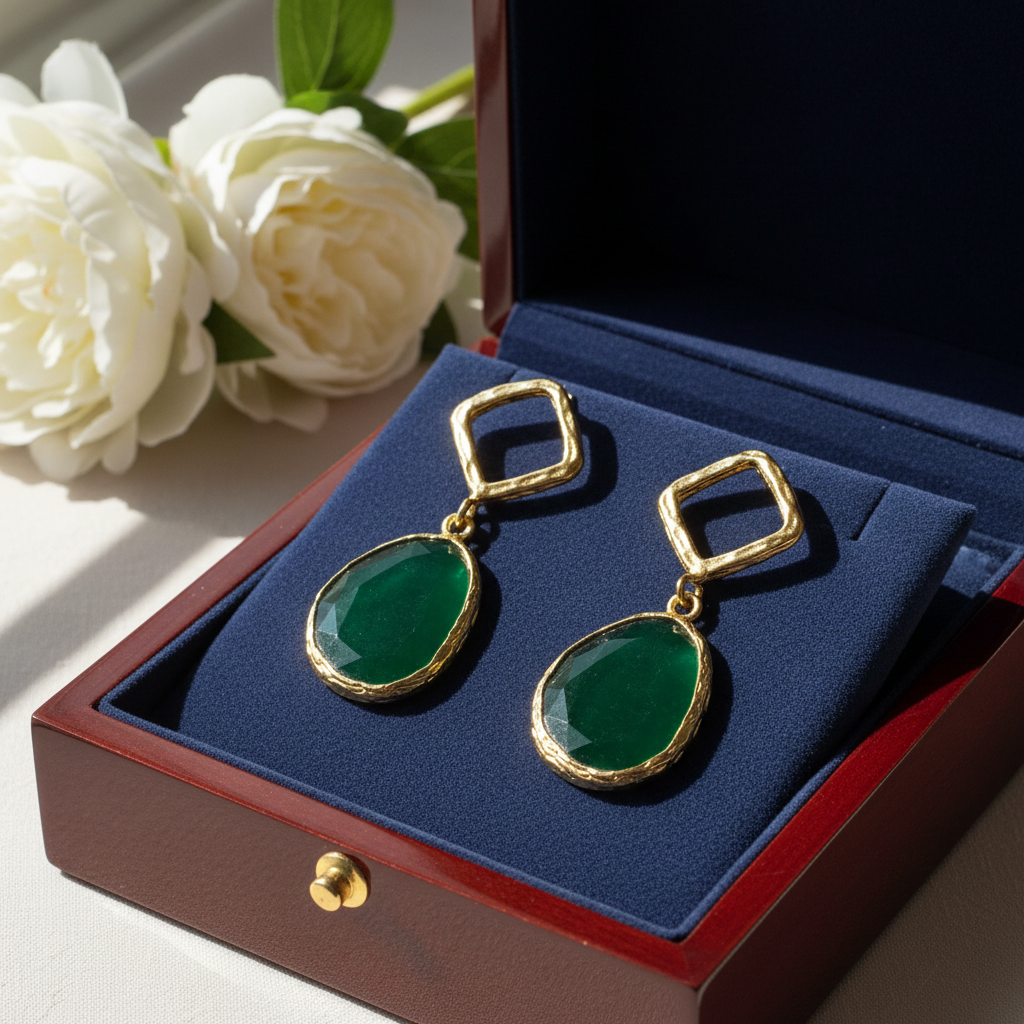 Green Cat's Eye Square Frame Earrings  18k Gold Plated