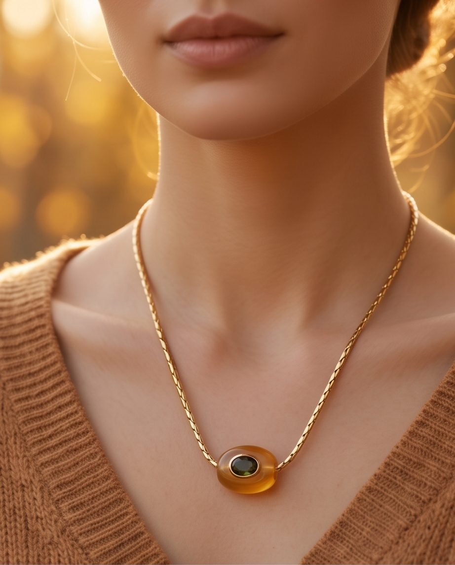 Rhodium Yellow Agate Gemstone Necklace 60cm