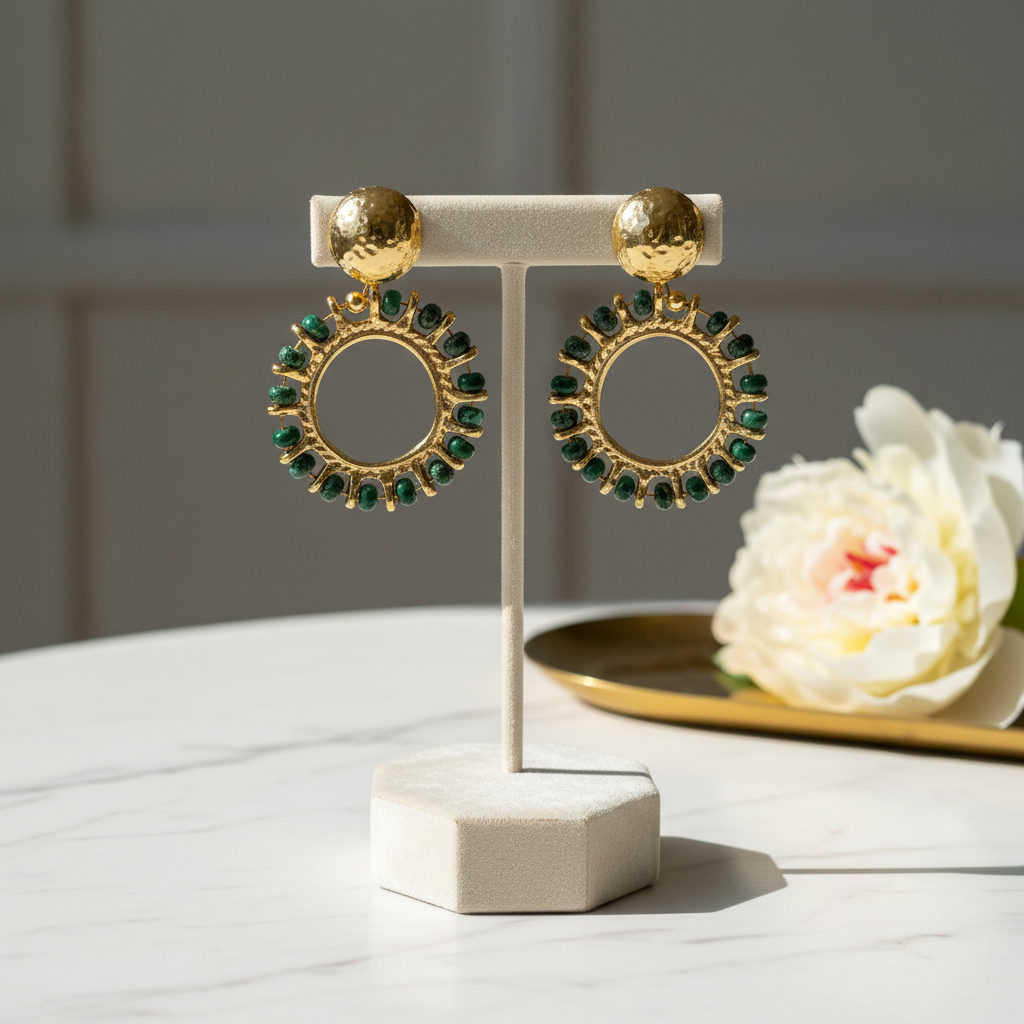 Green Variscite Halo Circle Earrings 18k Gold Plated