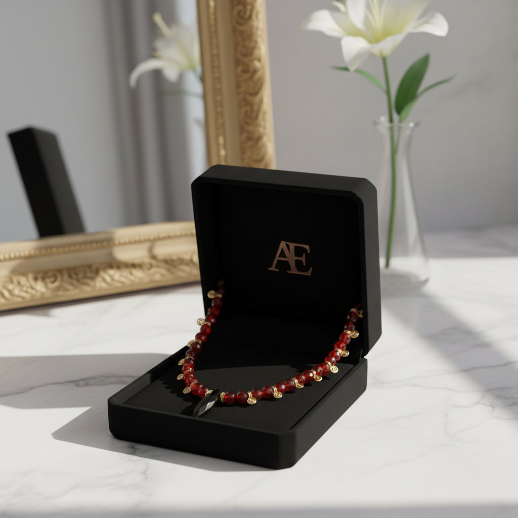 Red Agate Necklace with Hematite Pendant - Gold Plated