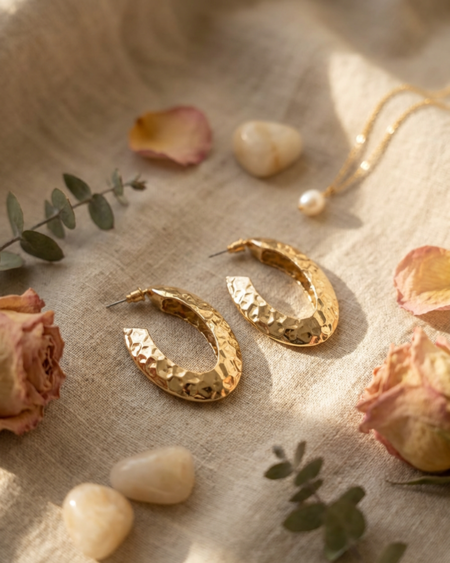 Luxury Oval Gold-Plated Earrings | Textured Hammered Surface | Timeless Style