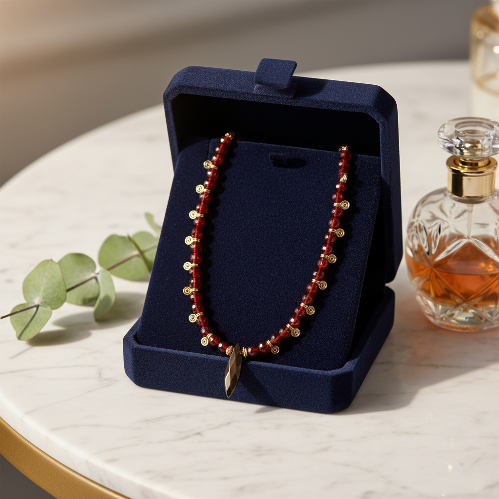 Red Agate Necklace with Hematite Pendant - Gold Plated