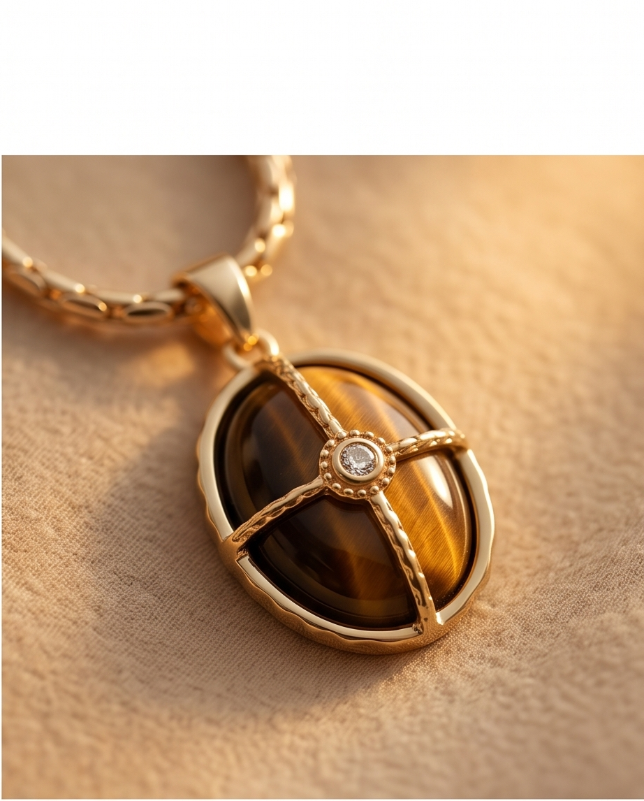 Rhodium Tiger's Eye Oval Pendant Necklace 60cm