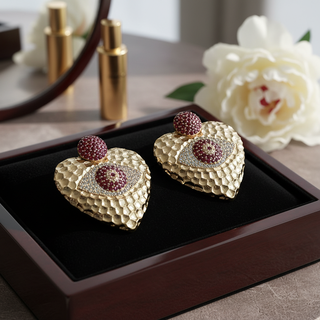 Textured Heart Earrings with Zirconia - Gold Plated