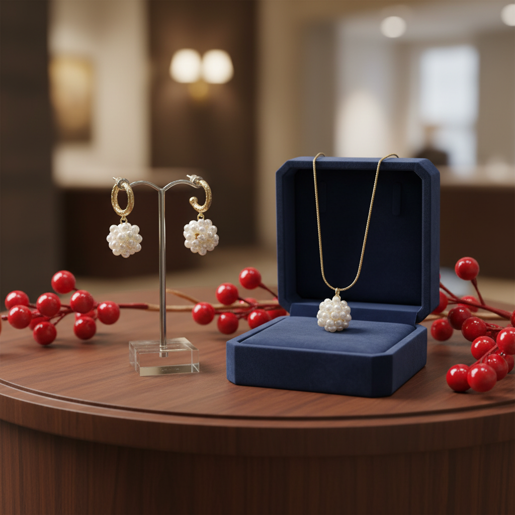 Gold-Plated Jewelry Set with Natural Pearl Cluster