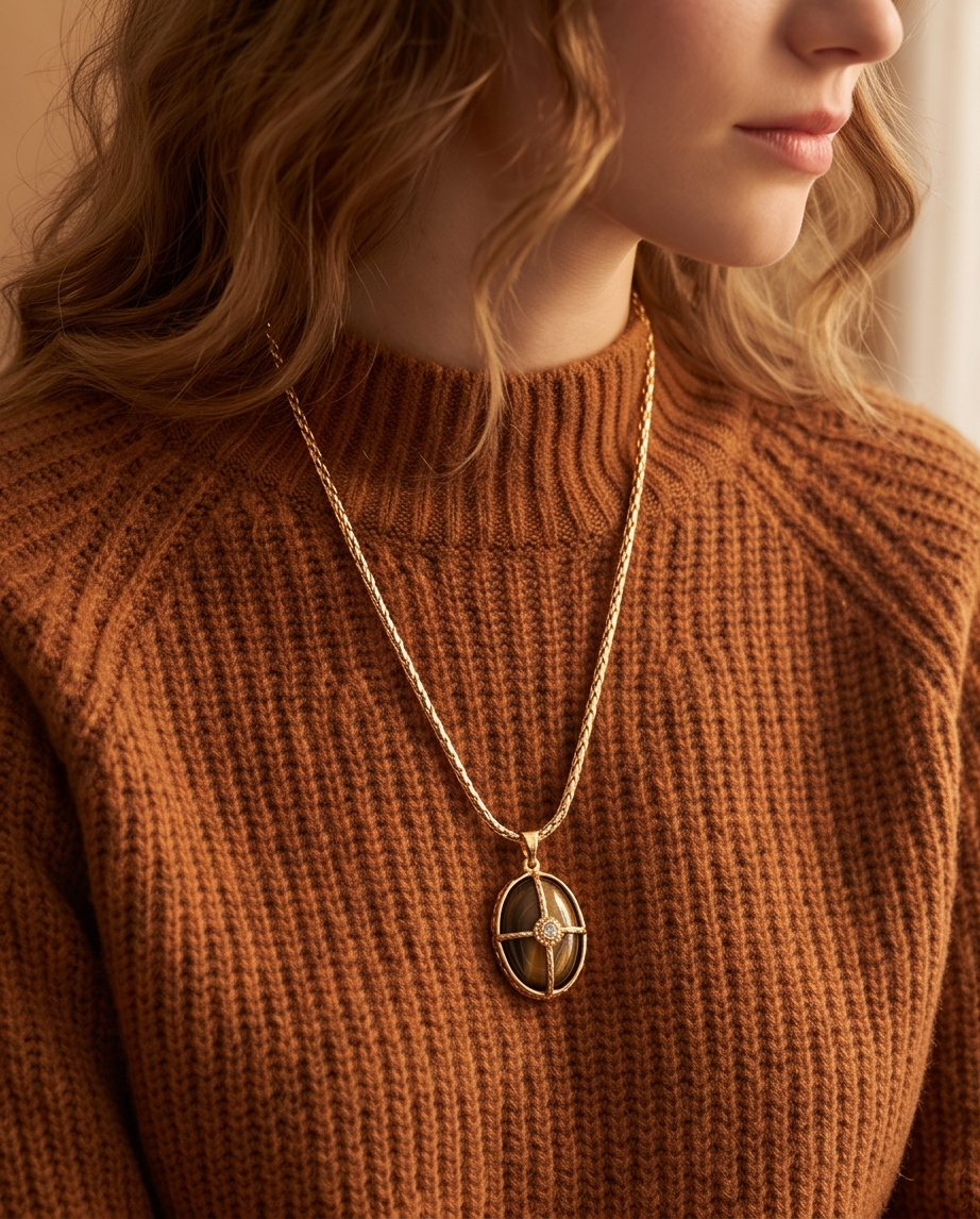 Rhodium Tiger's Eye Oval Pendant Necklace 60cm