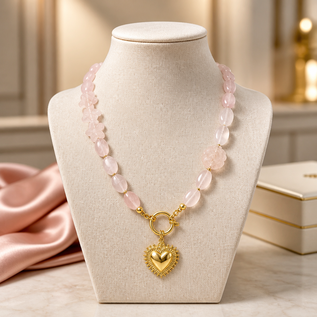 Rose Quartz Necklace | Gold Plated Heart Pendant