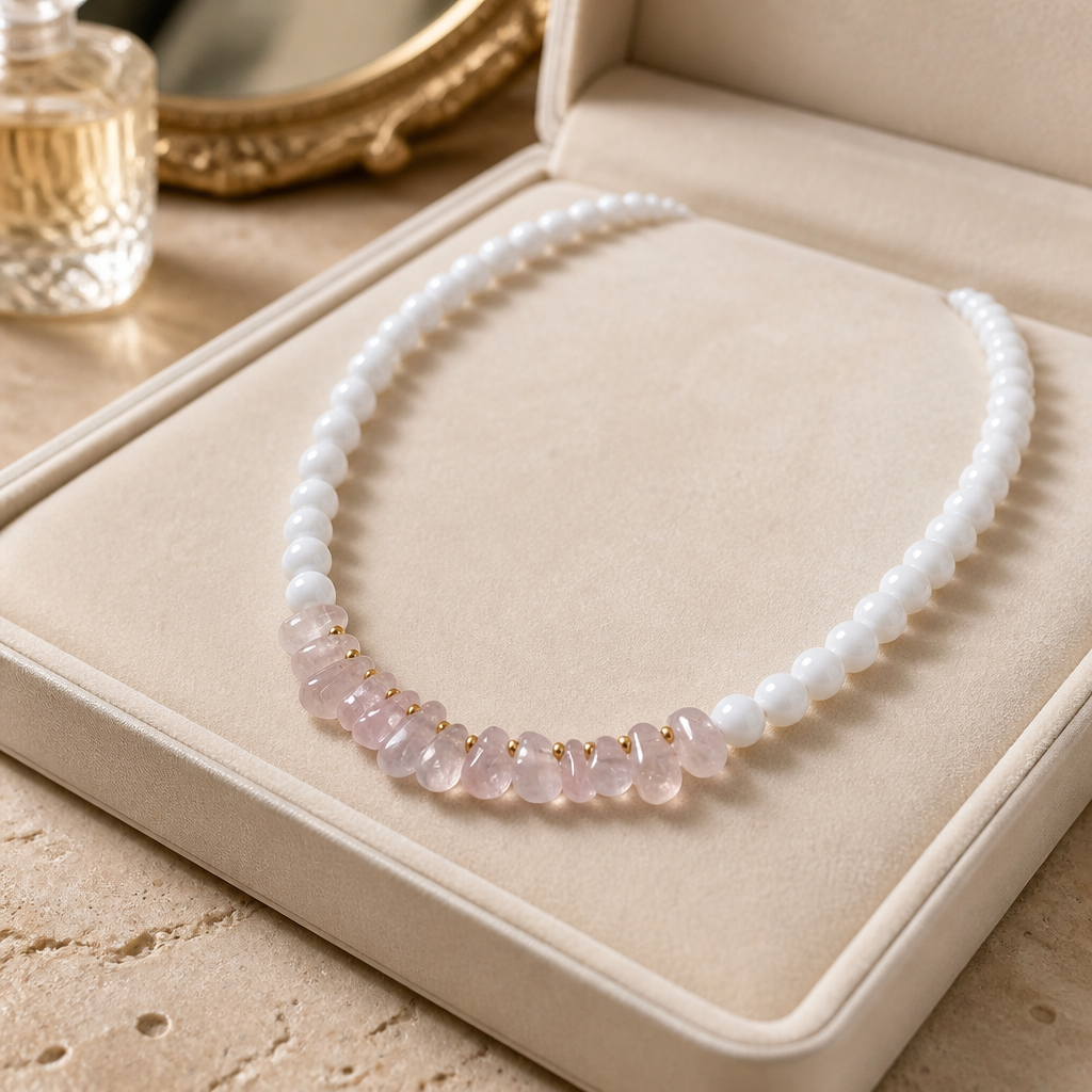 Handmade Rose Quartz & White Chalcedony Necklace – A Symbol of Love & Calm