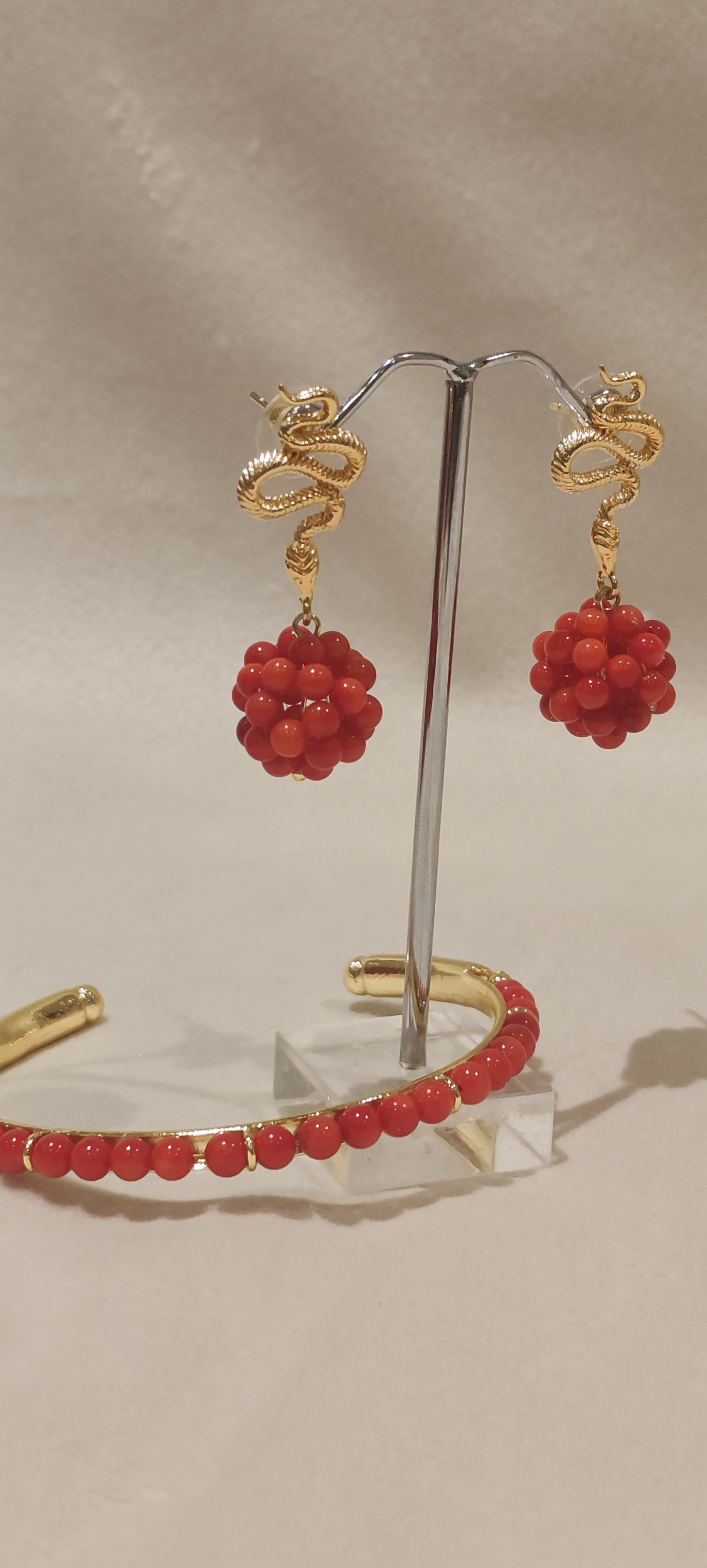Red Coral & Gold Serpent Set  Necklace & Earrings