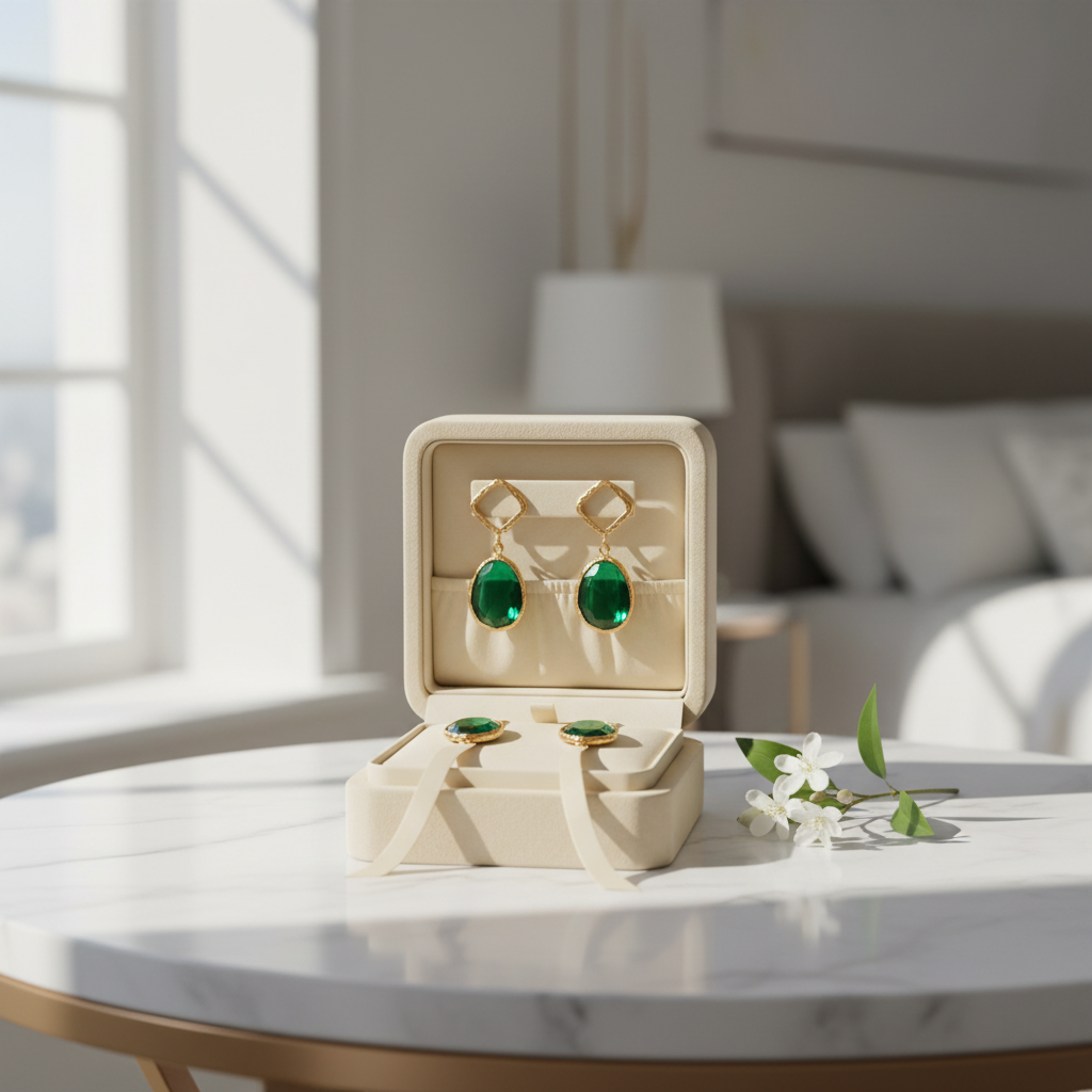 Green Cat's Eye Square Frame Earrings  18k Gold Plated