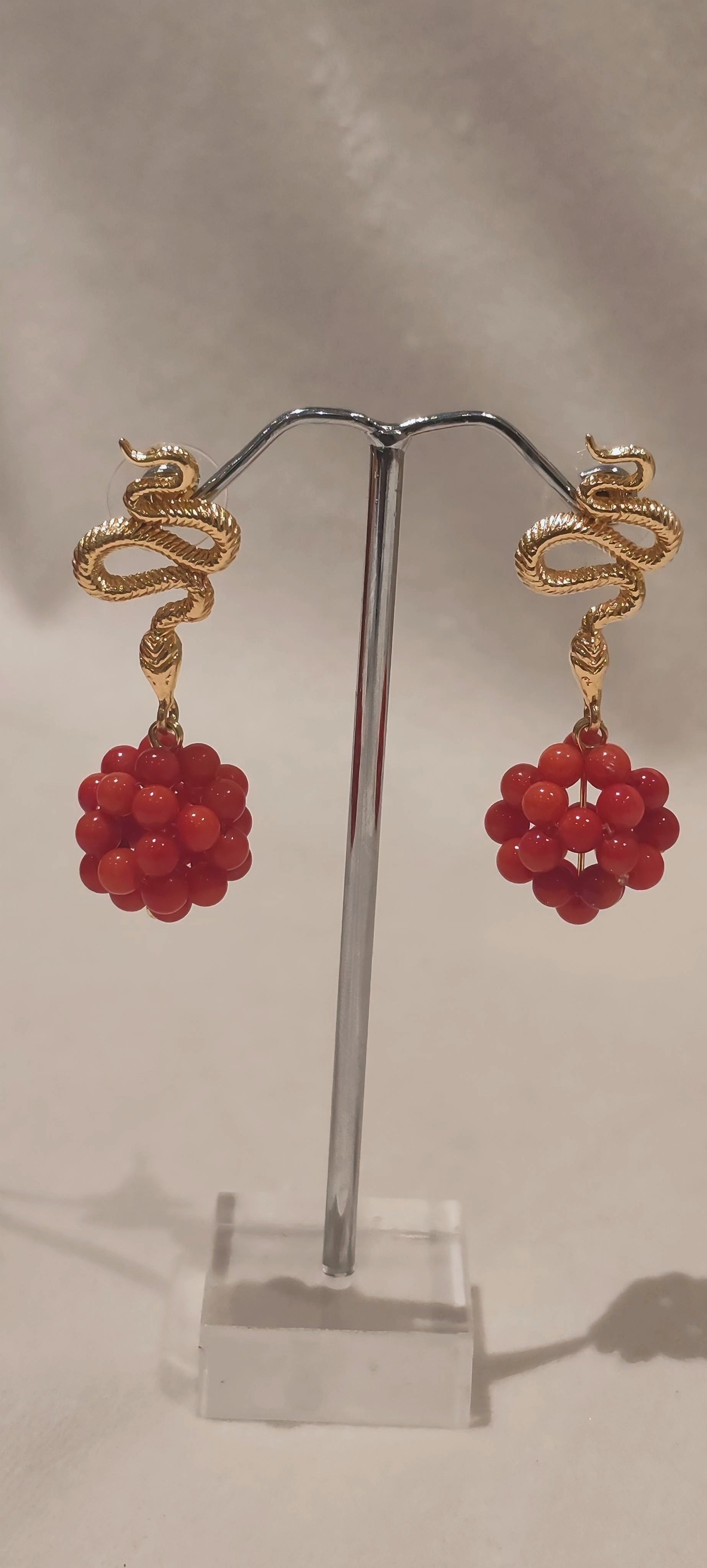 Red Coral & Gold Serpent Set  Necklace & Earrings